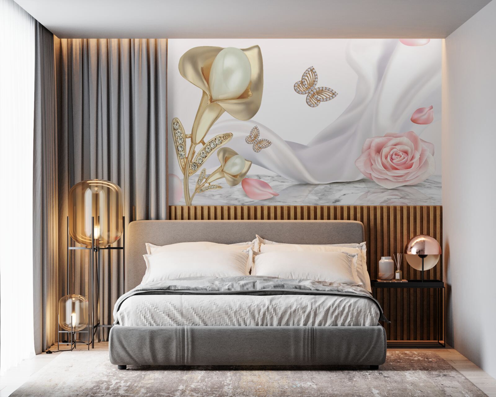 Papier peint perles serties d'or sur tissu de soie avec roses