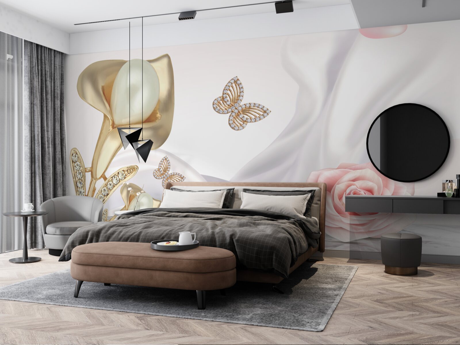 Papier peint perles serties d'or sur tissu de soie avec roses