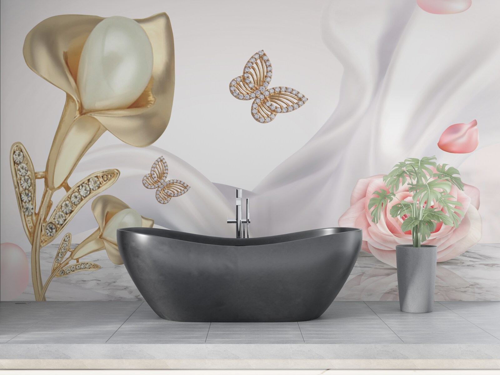 Papier peint perles serties d'or sur tissu de soie avec roses