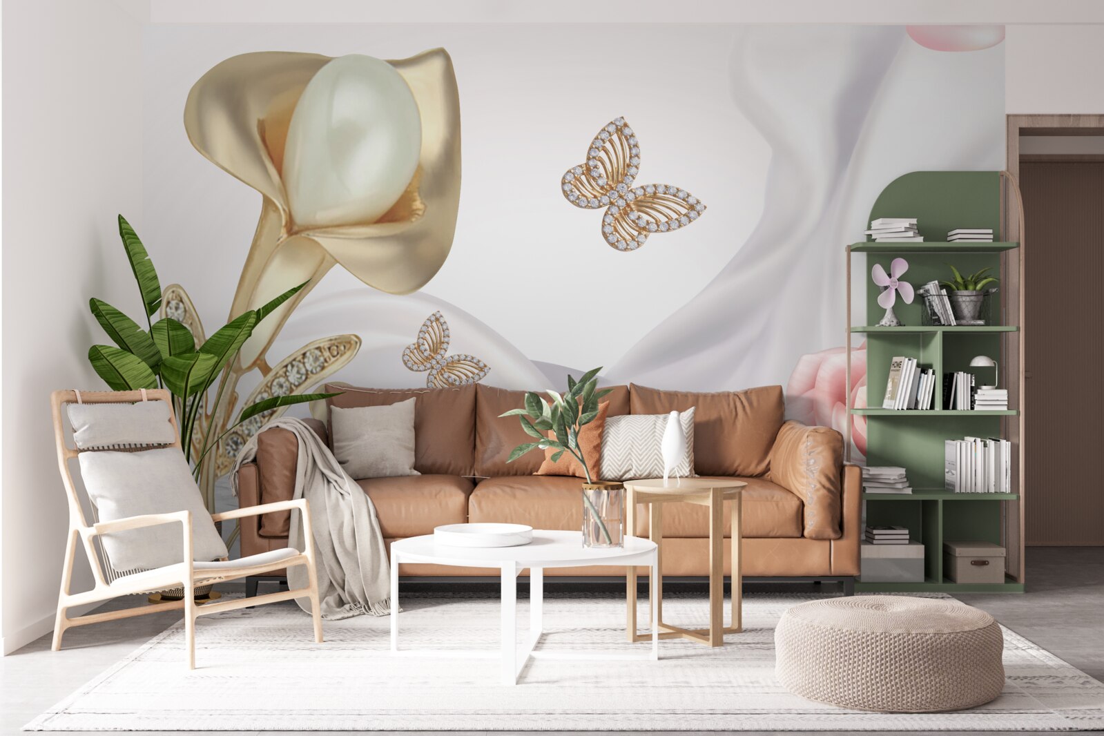 Papier peint perles serties d'or sur tissu de soie avec roses