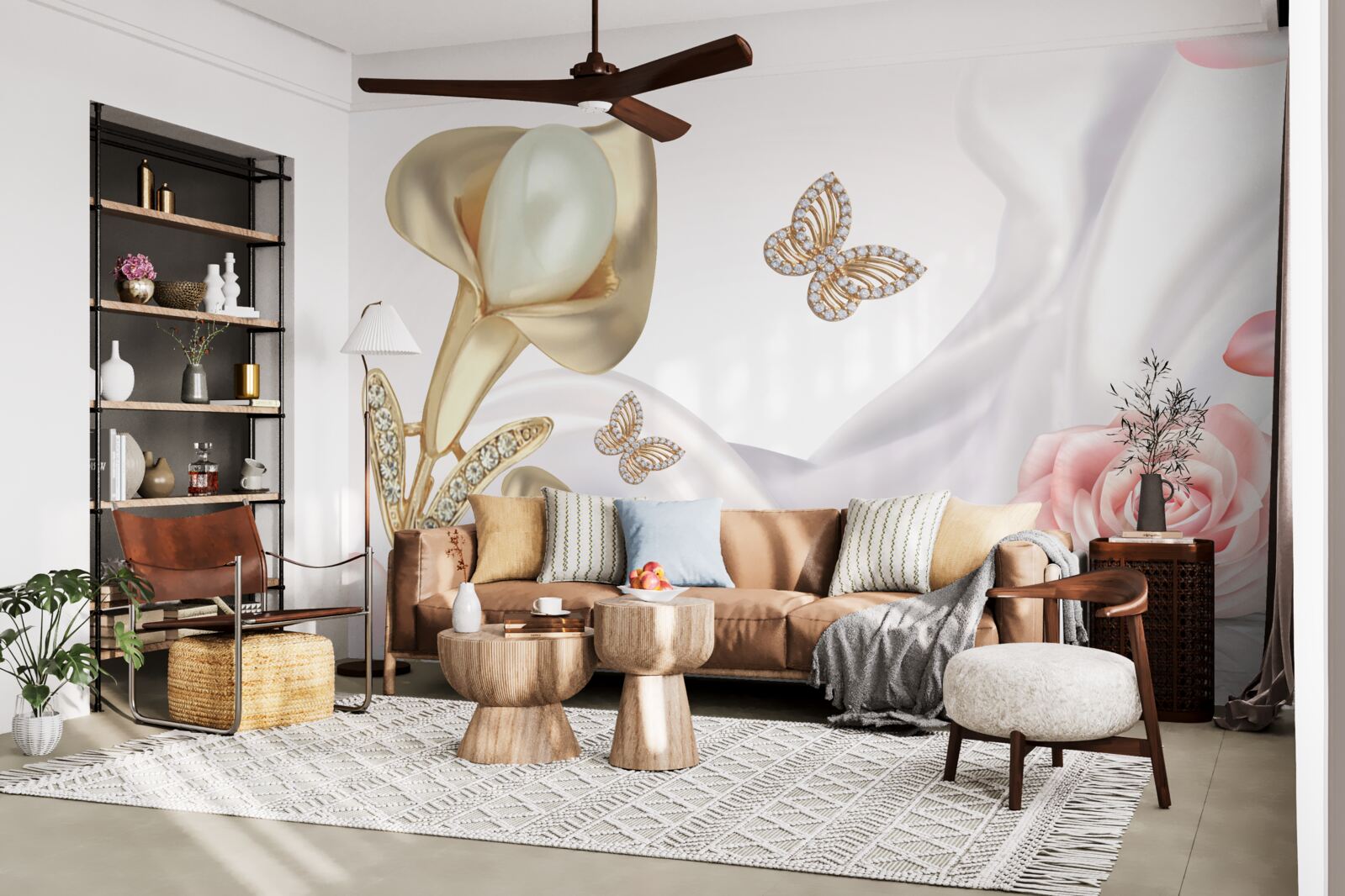 Papier peint perles serties d'or sur tissu de soie avec roses