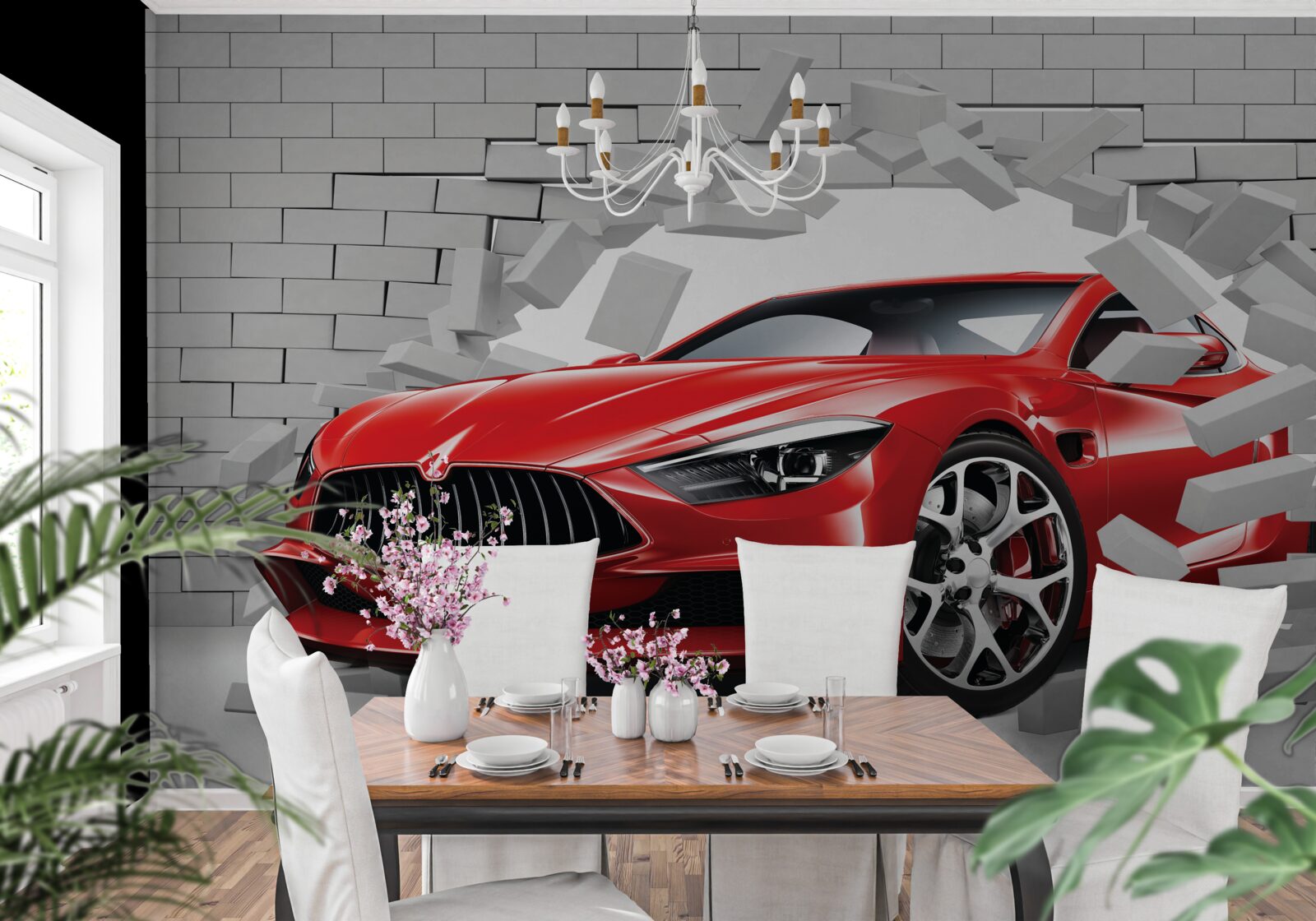 Papier peint Une voiture rouge frappe un mur de briques