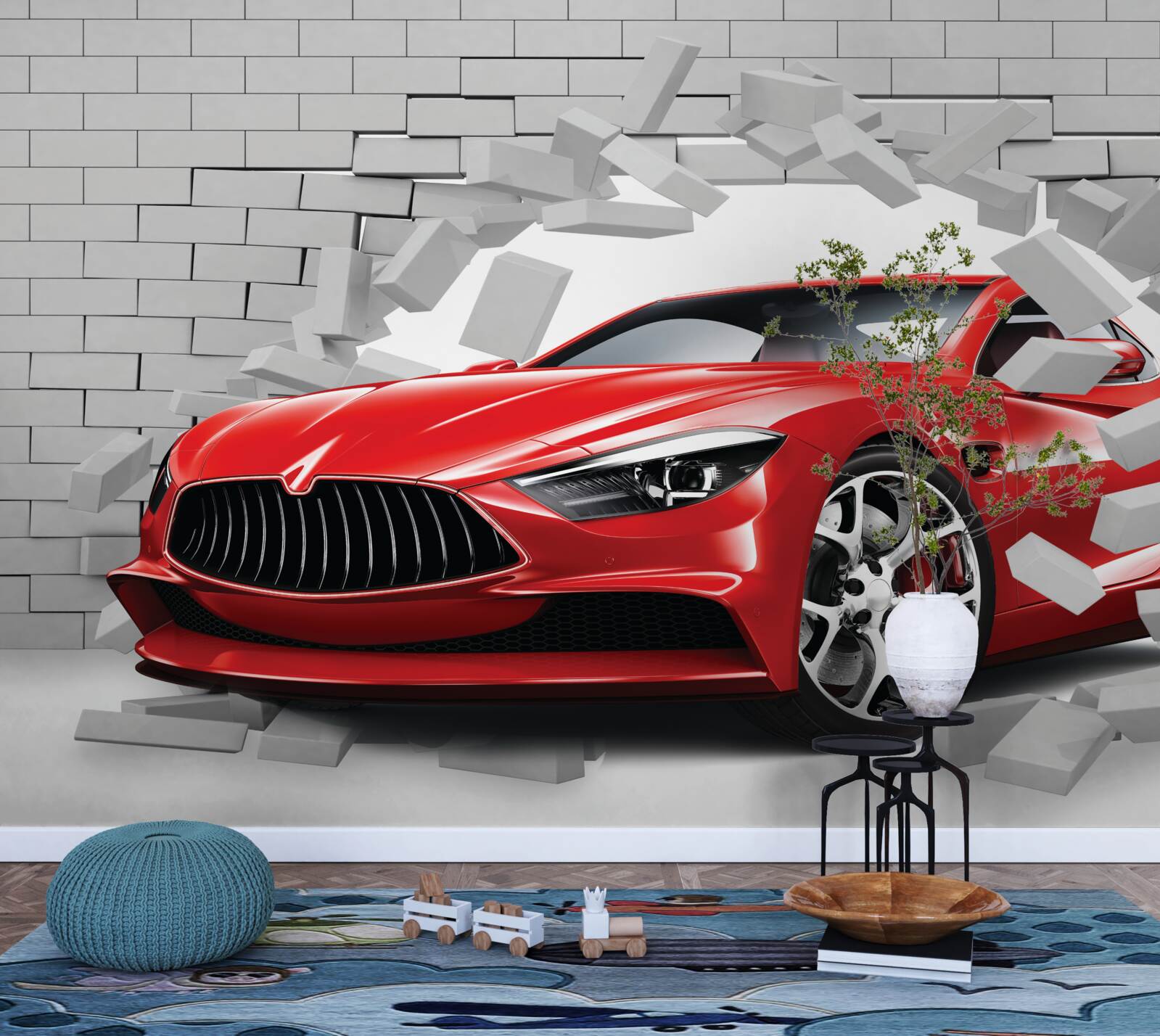 Papier peint Une voiture rouge frappe un mur de briques