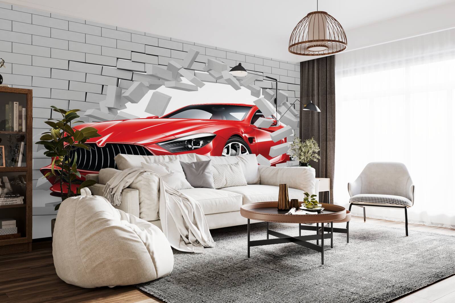 Papier peint Une voiture rouge frappe un mur de briques