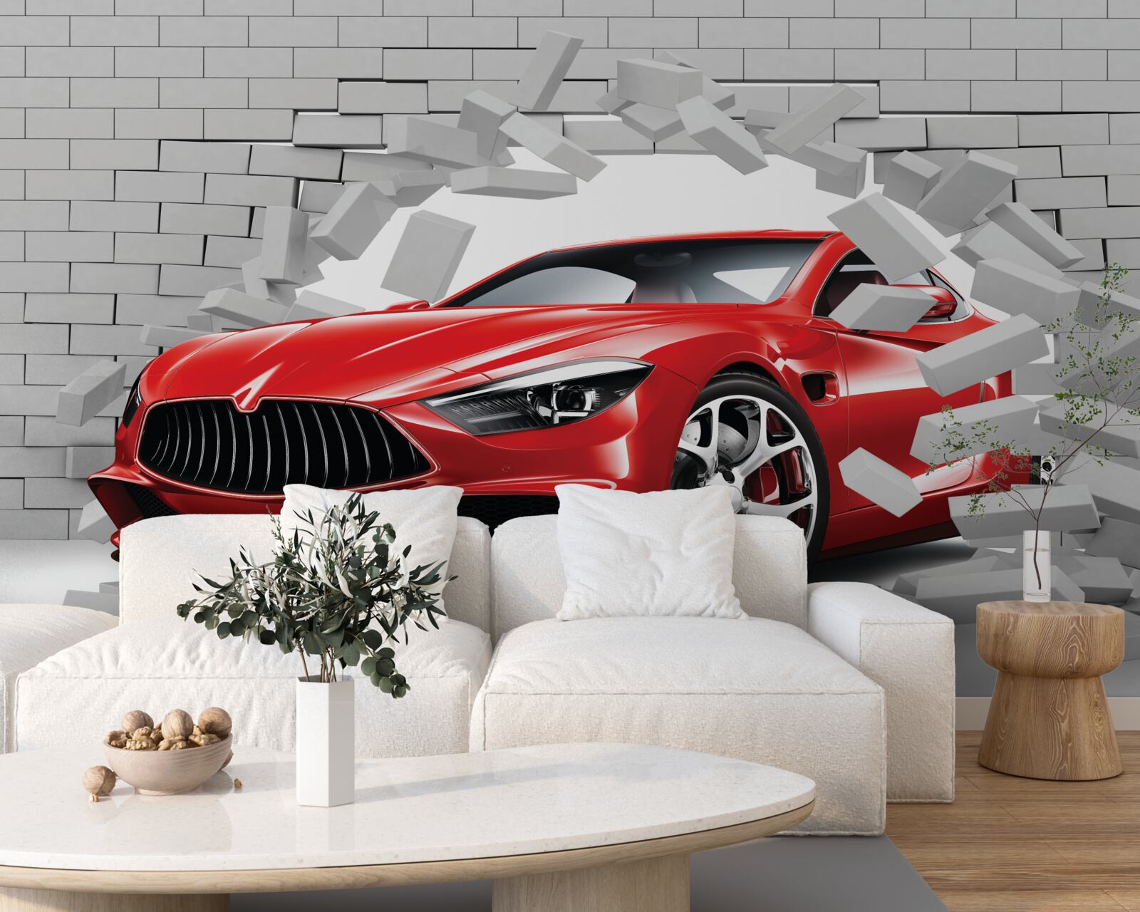 Papier peint Une voiture rouge frappe un mur de briques