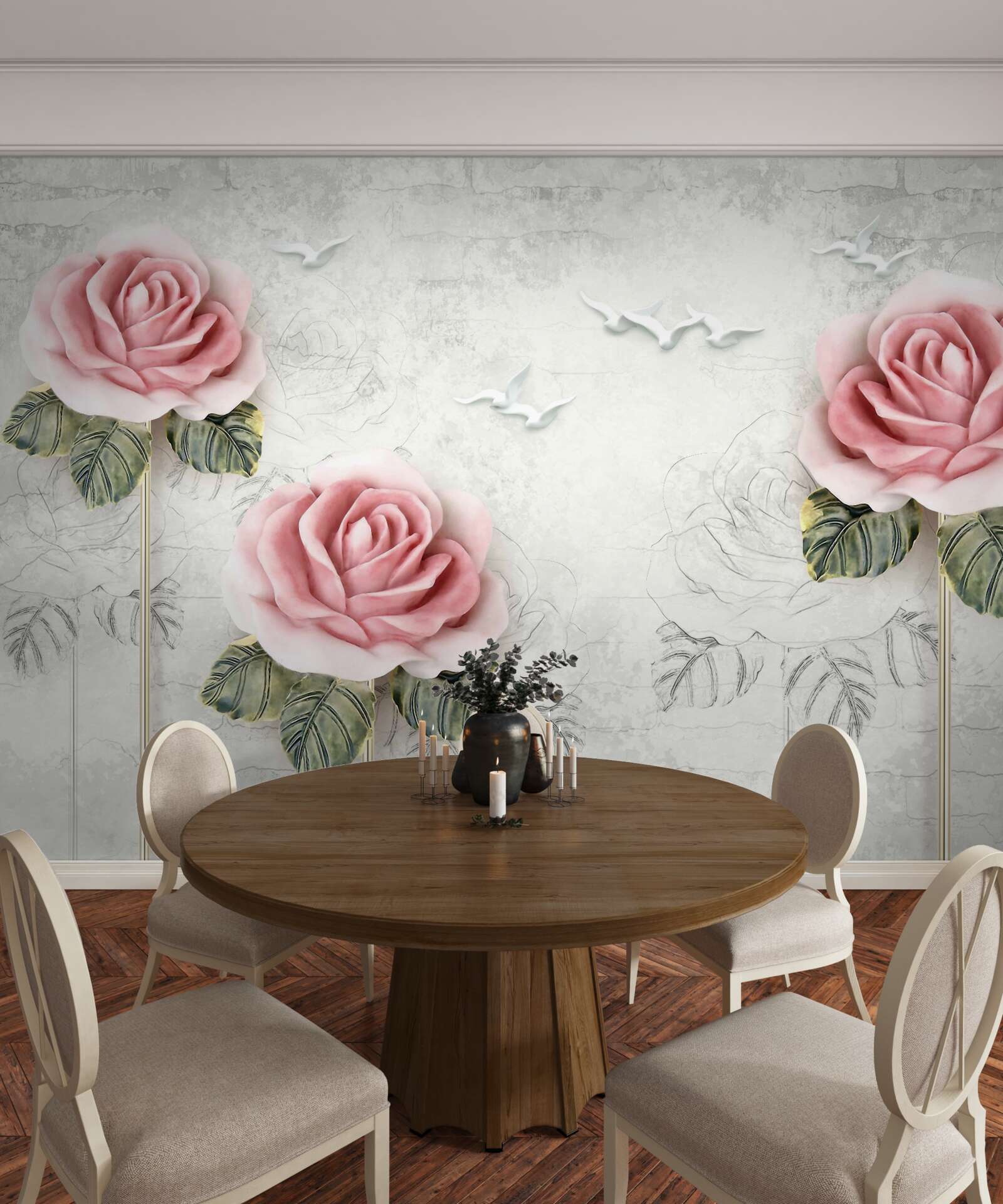 Papier peint rose écarlate élancée et goélands blancs comme neige