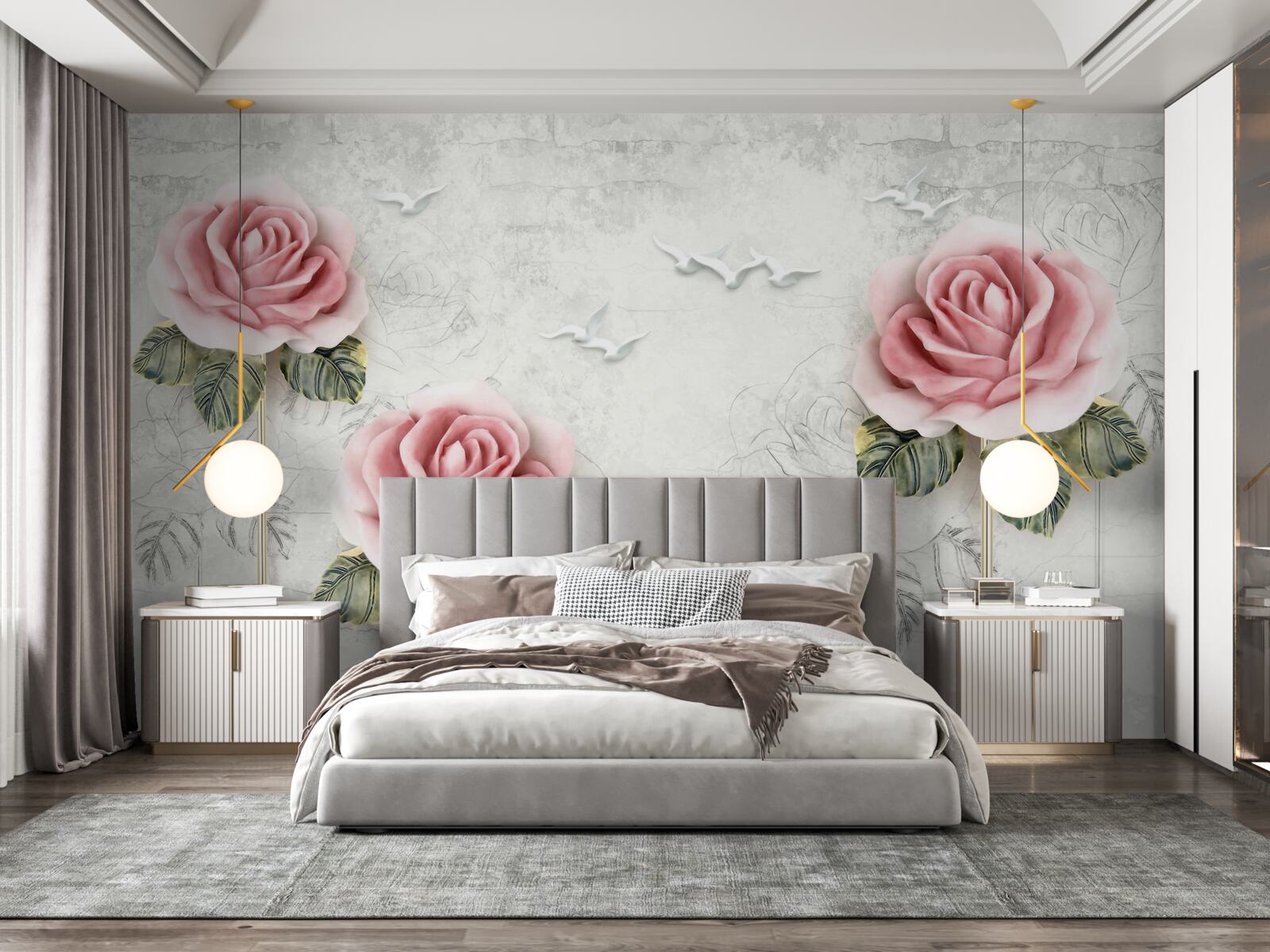 Papier peint rose écarlate élancée et goélands blancs comme neige