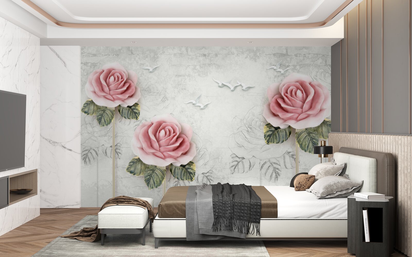 Papier peint rose écarlate élancée et goélands blancs comme neige