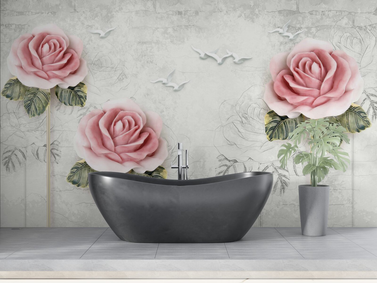 Papier peint rose écarlate élancée et goélands blancs comme neige