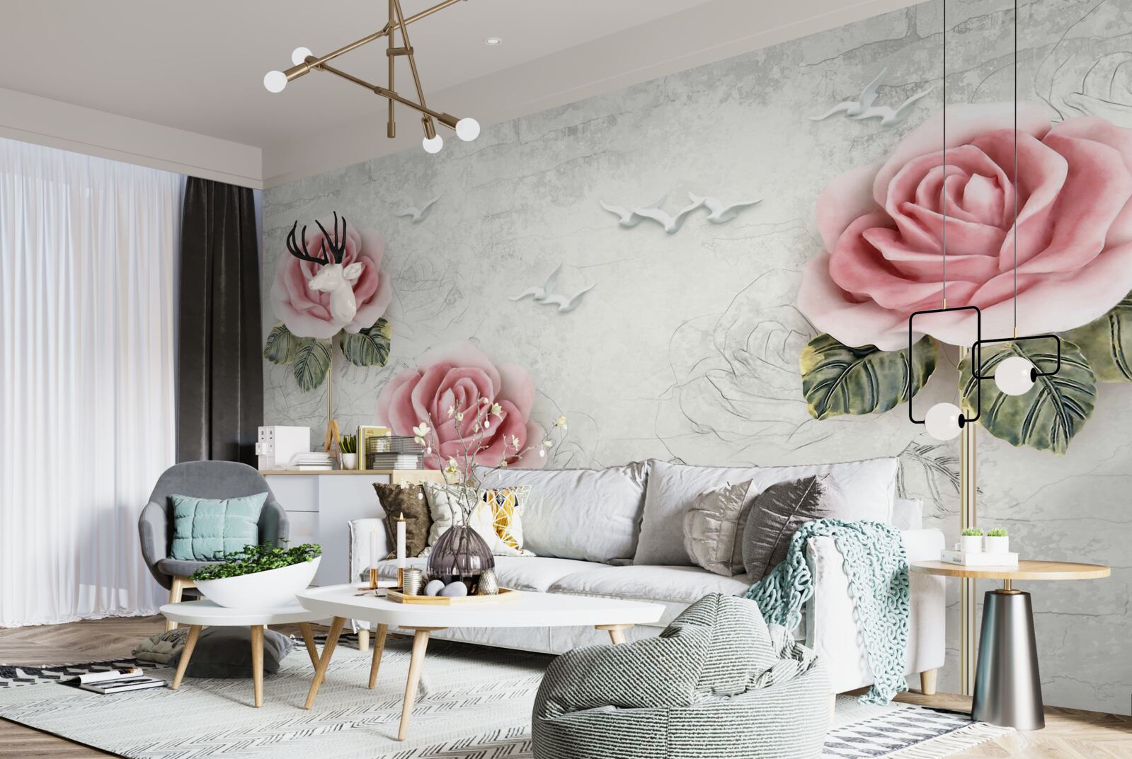 Papier peint rose écarlate élancée et goélands blancs comme neige