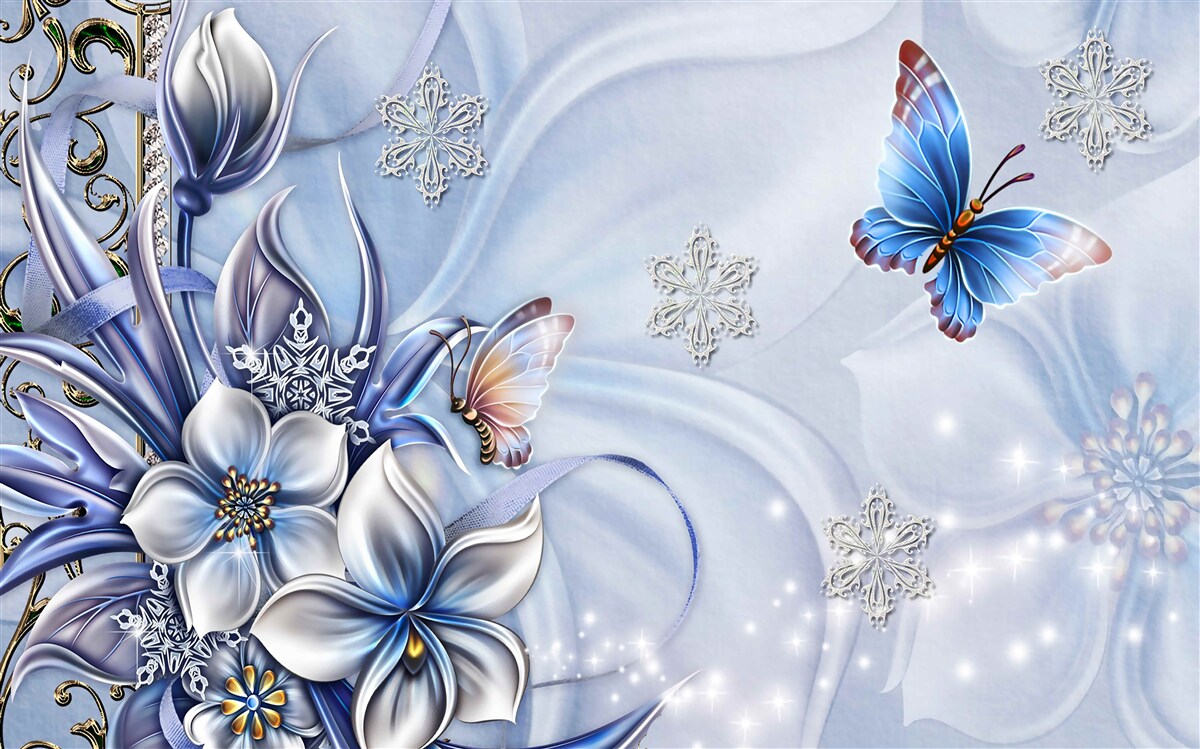 Papier peint des papillons volent au-dessus de fleurs bleu neige