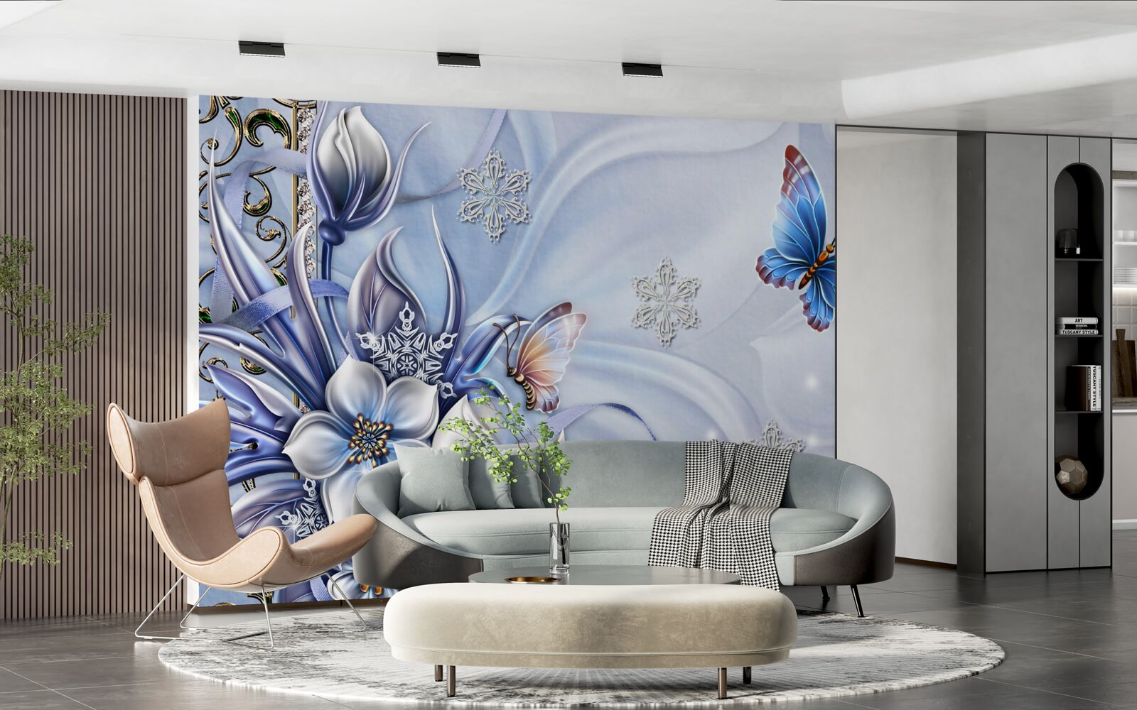 Papier peint des papillons volent au-dessus de fleurs bleu neige