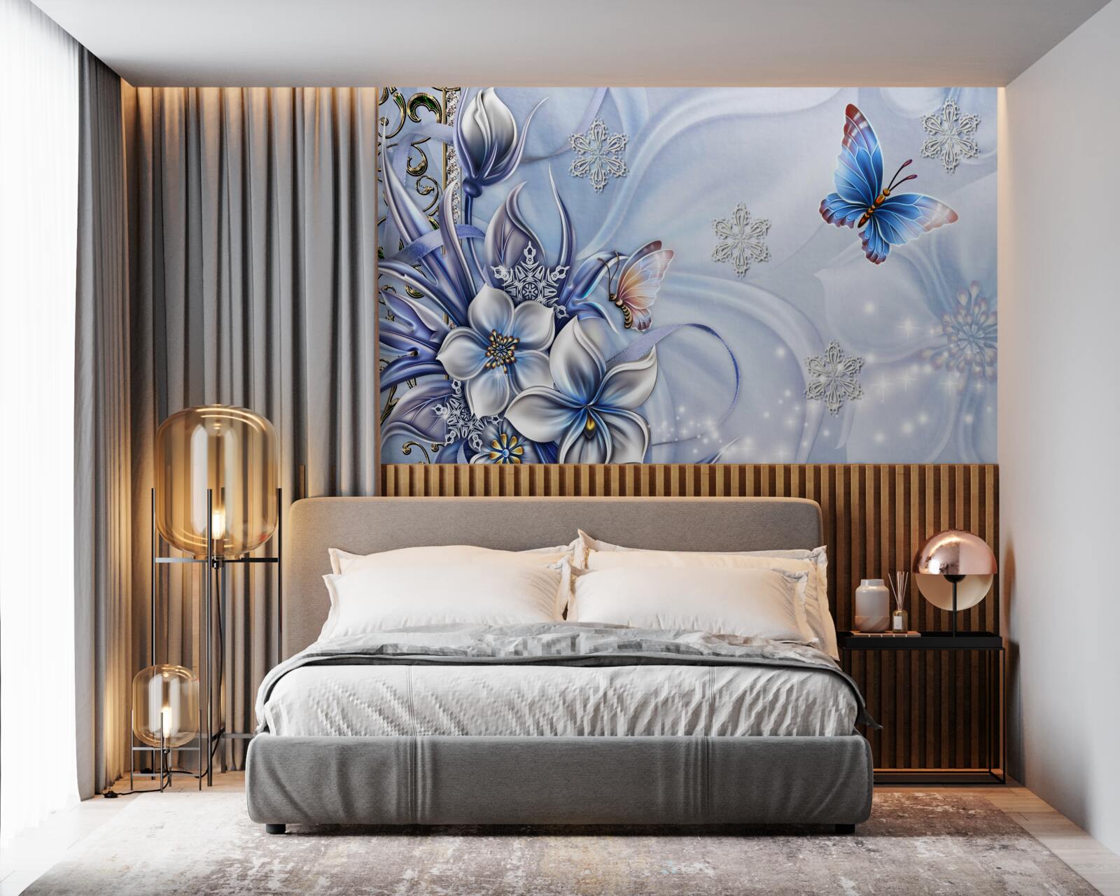 Papier peint des papillons volent au-dessus de fleurs bleu neige