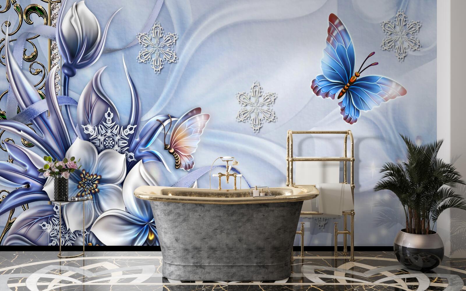 Papier peint des papillons volent au-dessus de fleurs bleu neige