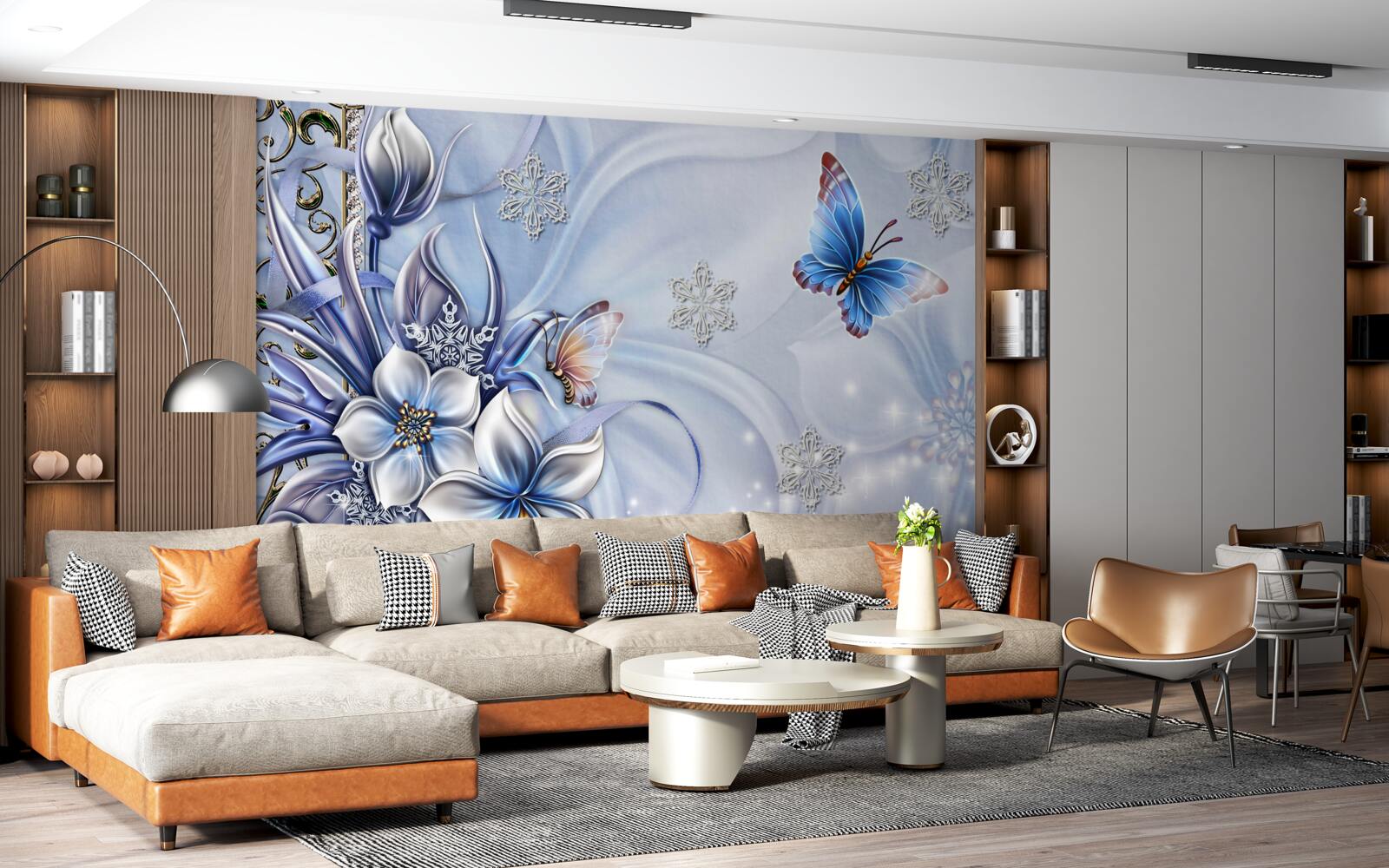 Papier peint des papillons volent au-dessus de fleurs bleu neige