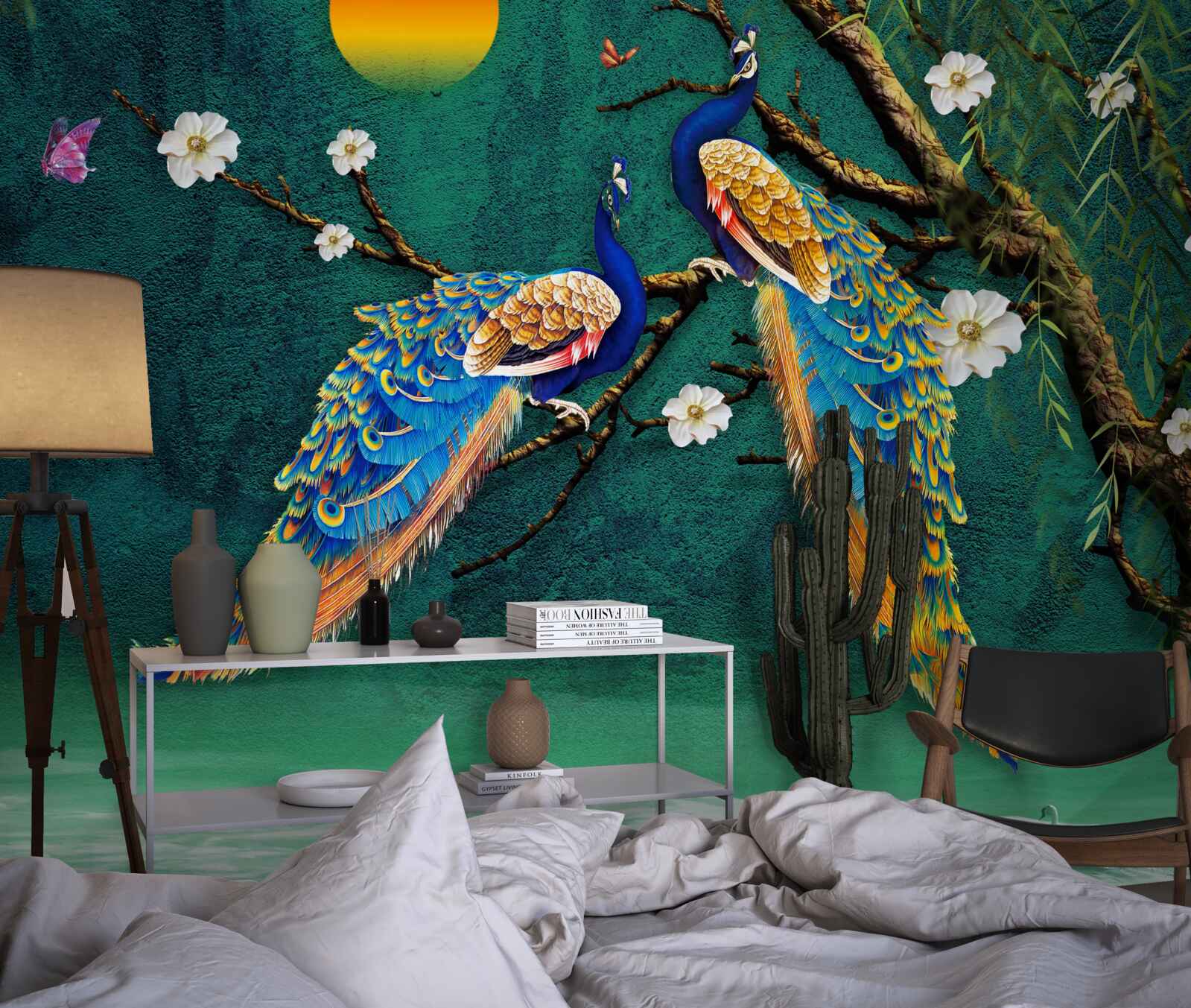 Papier peint au coucher du soleil, les paons lancent des appels