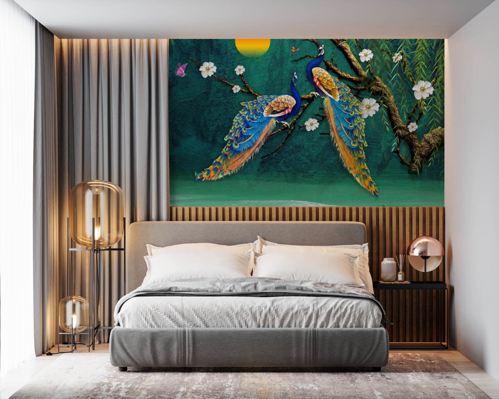 Papier peint au coucher du soleil, les paons lancent des appels