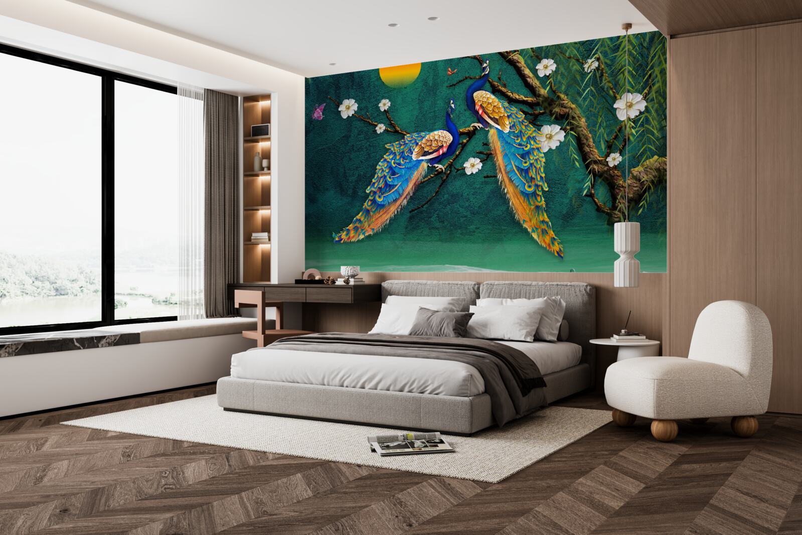 Papier peint au coucher du soleil, les paons lancent des appels