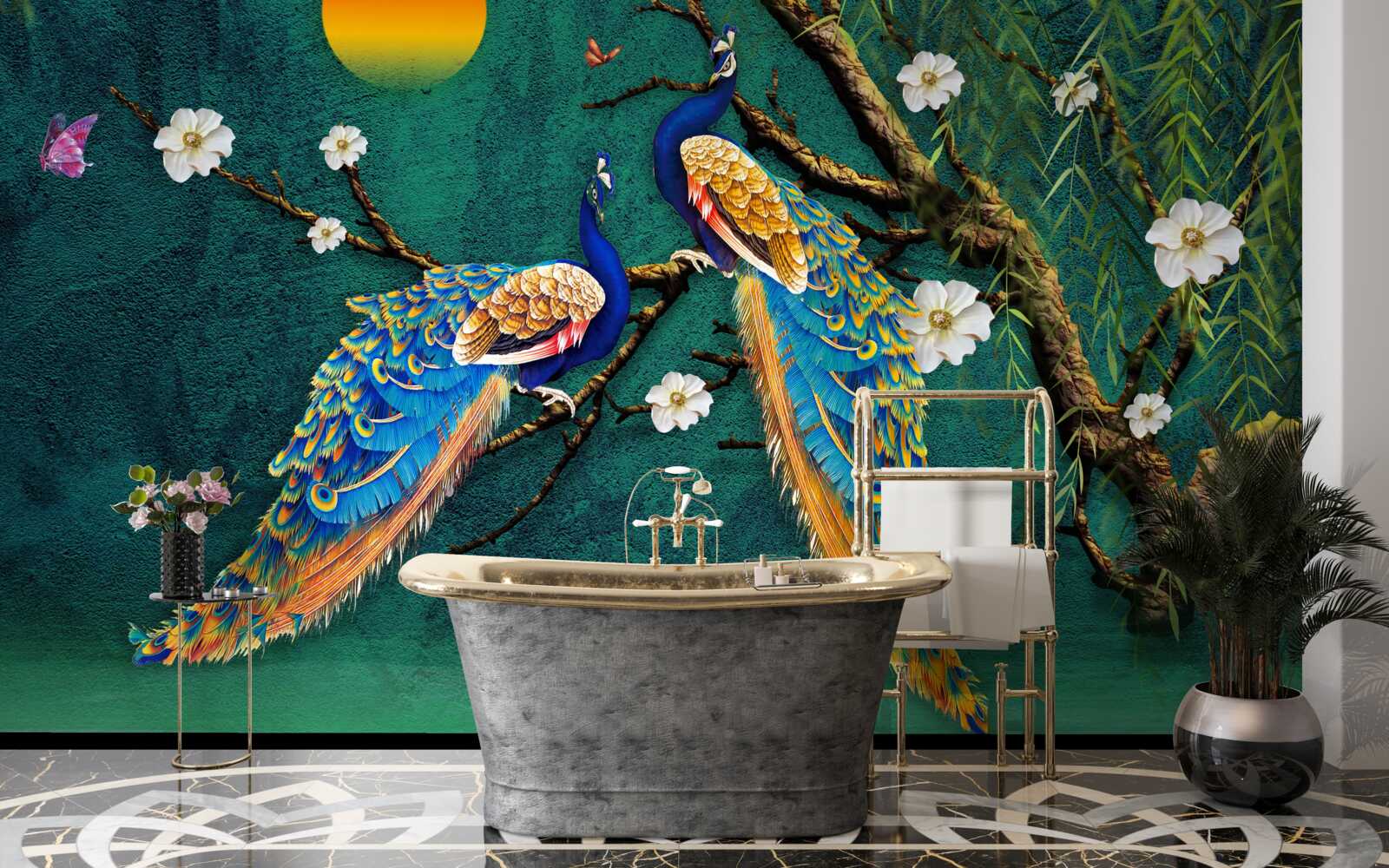 Papier peint au coucher du soleil, les paons lancent des appels