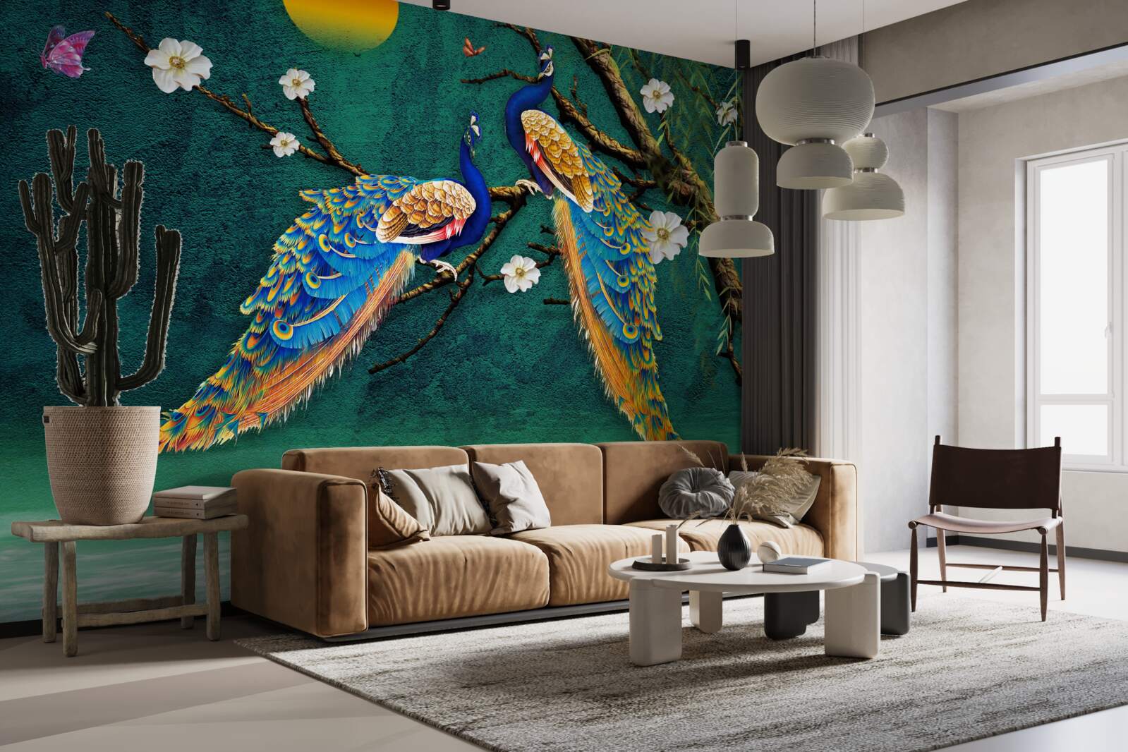 Papier peint au coucher du soleil, les paons lancent des appels