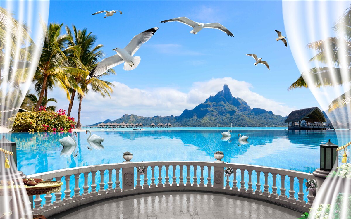 Papier peint terrasse avec vue sur les montagnes et l'étang