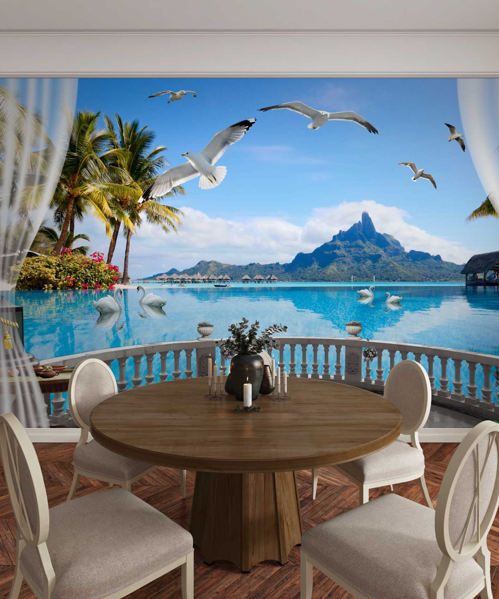 Papier peint terrasse avec vue sur les montagnes et l'étang