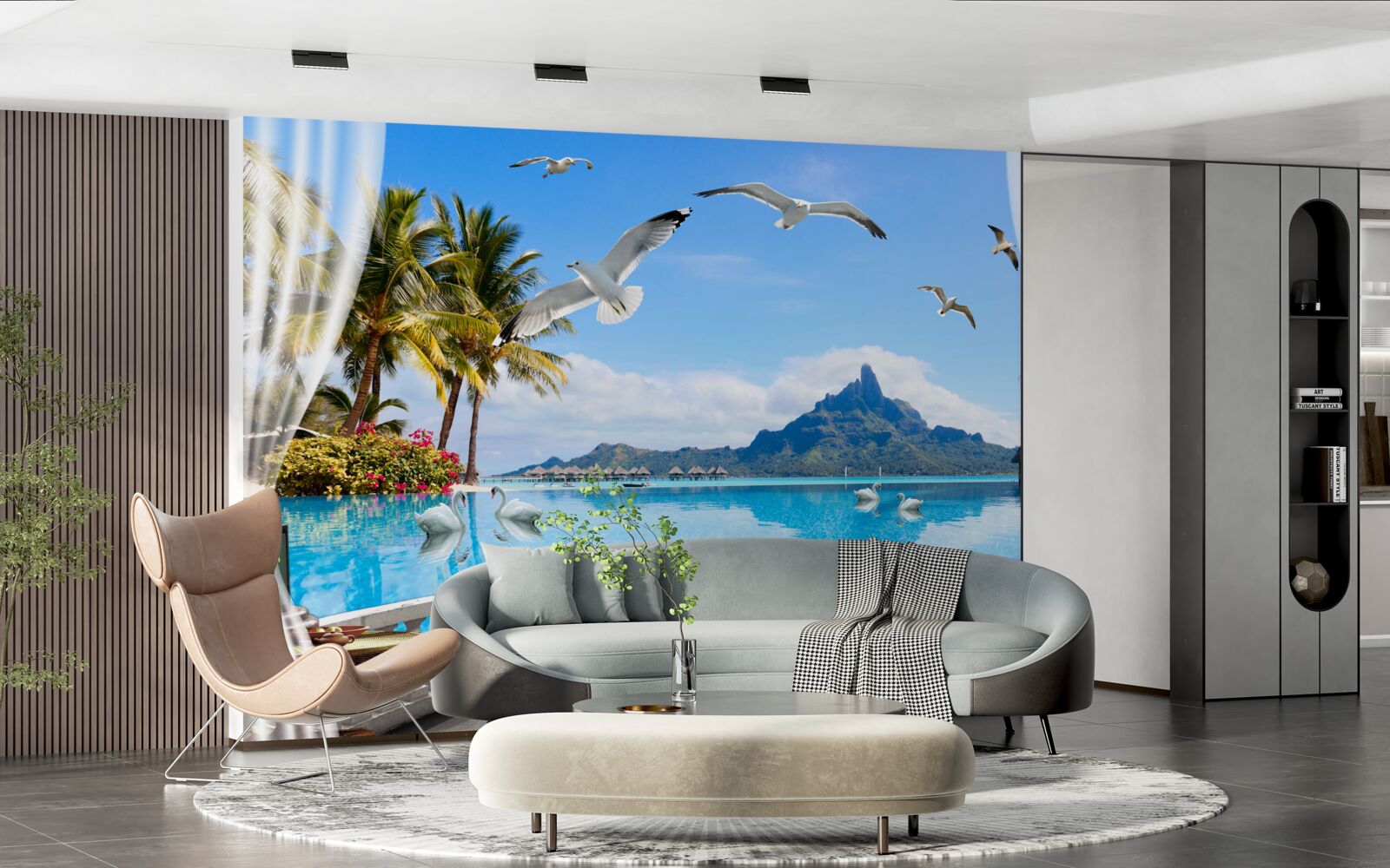 Papier peint terrasse avec vue sur les montagnes et l'étang