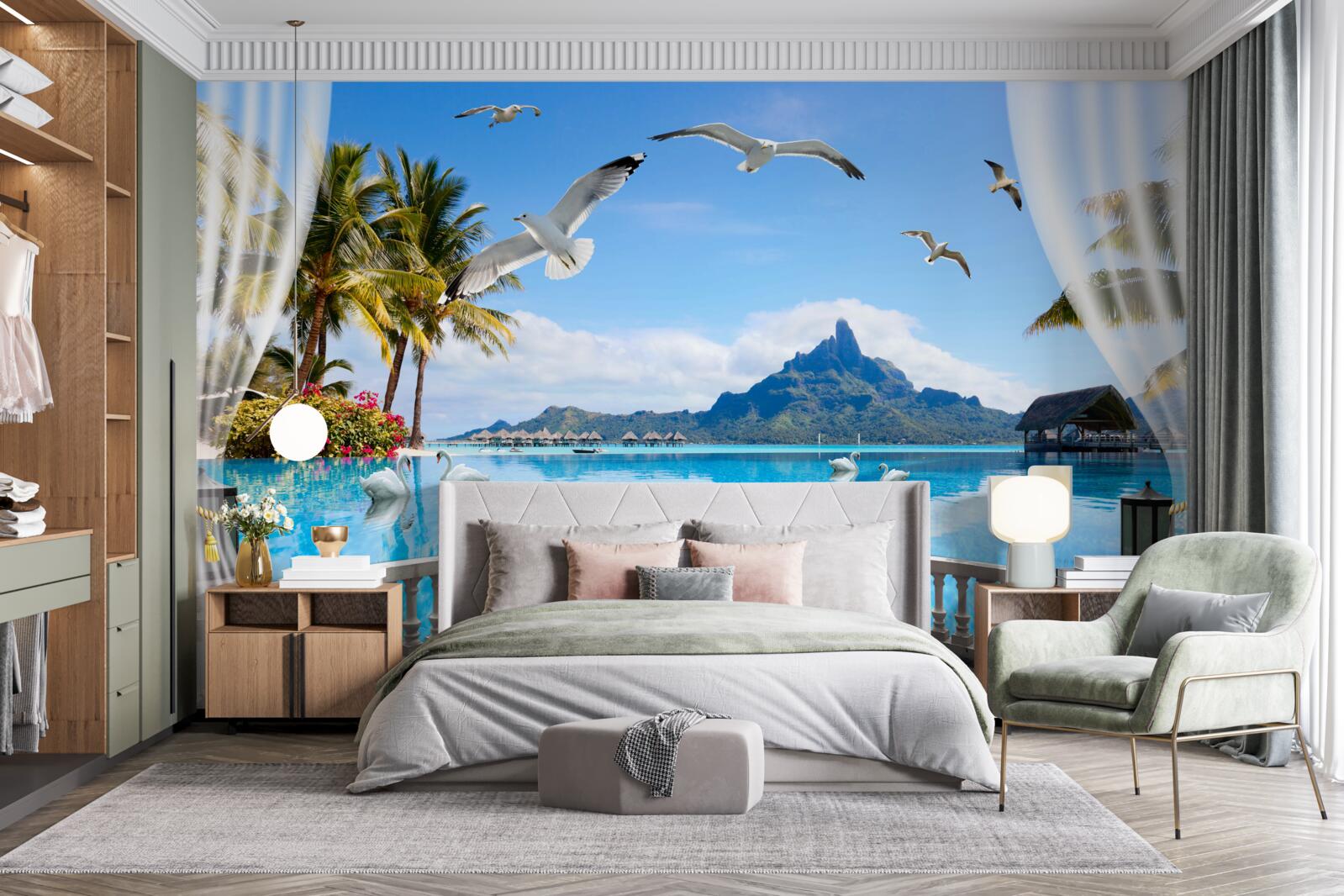 Papier peint terrasse avec vue sur les montagnes et l'étang