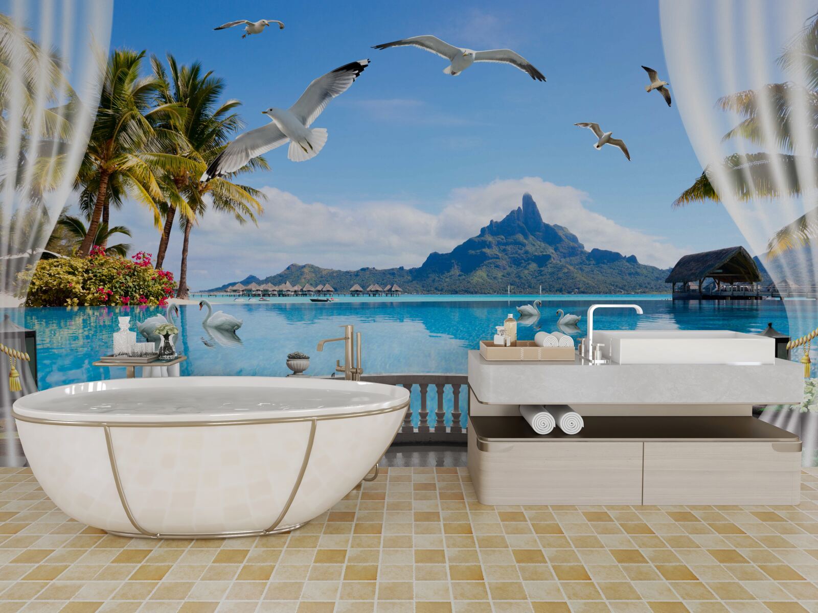 Papier peint terrasse avec vue sur les montagnes et l'étang