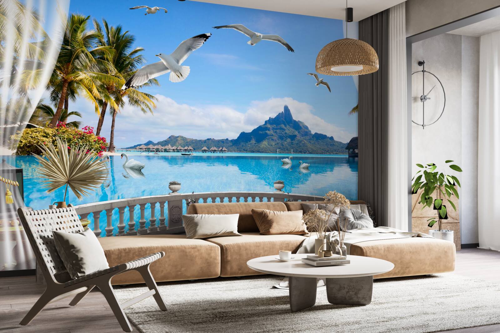 Papier peint terrasse avec vue sur les montagnes et l'étang