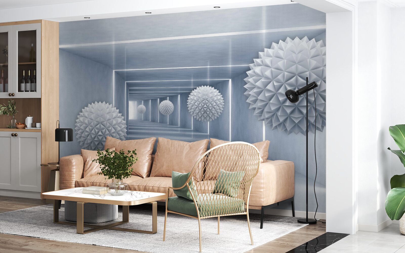 Papier peint boules flottant dans un passage rectangulaire