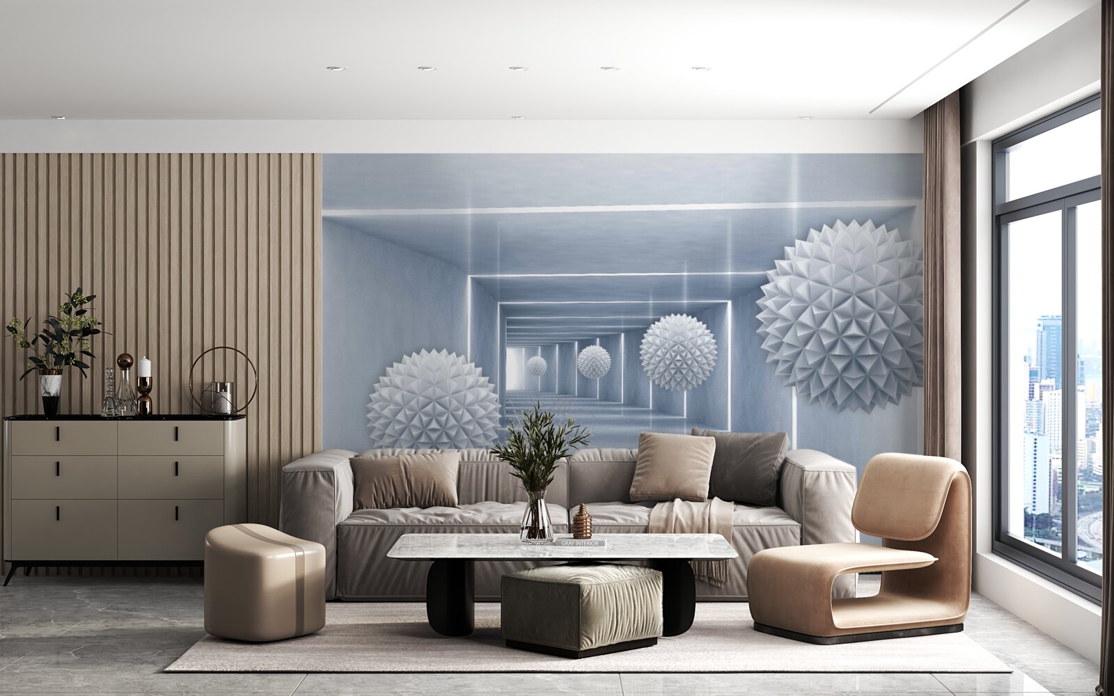 Papier peint boules flottant dans un passage rectangulaire