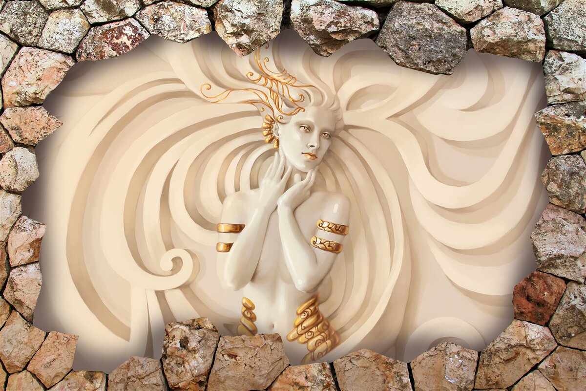 Papier peint image d'une fille aux cheveux longs et à l'or à l'intérieur d'une pierre