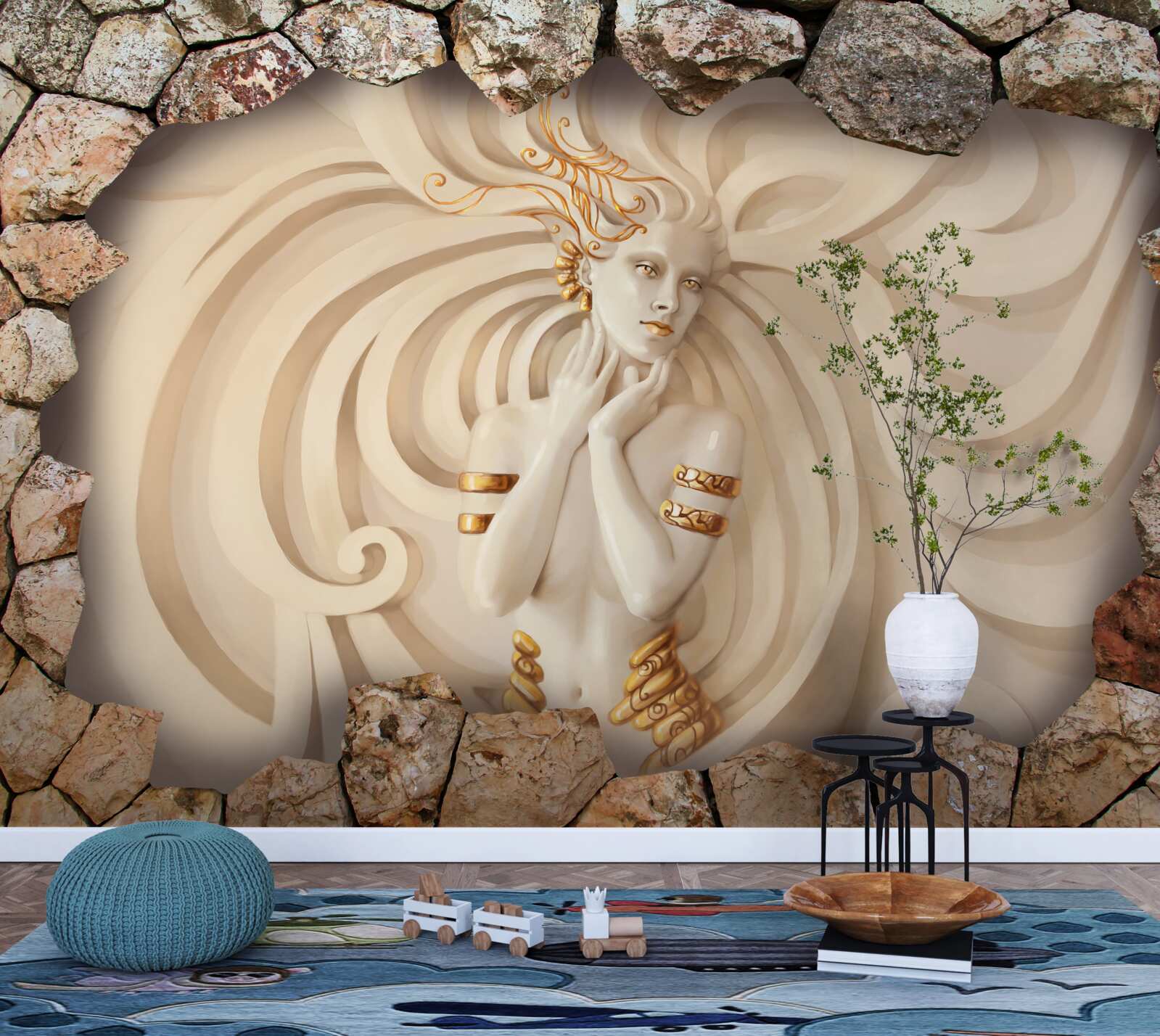 Papier peint image d'une fille aux cheveux longs et à l'or à l'intérieur d'une pierre