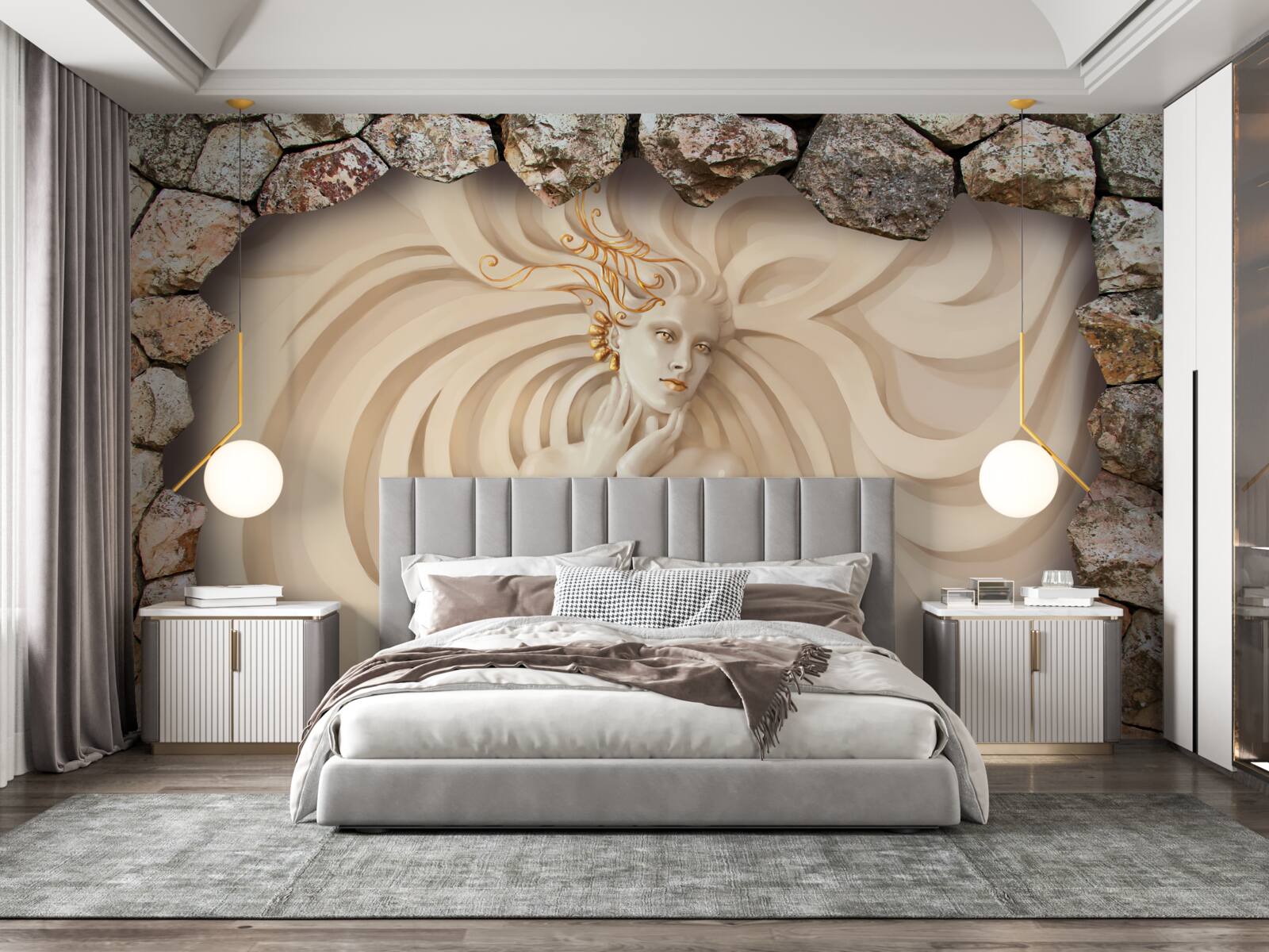 Papier peint image d'une fille aux cheveux longs et à l'or à l'intérieur d'une pierre