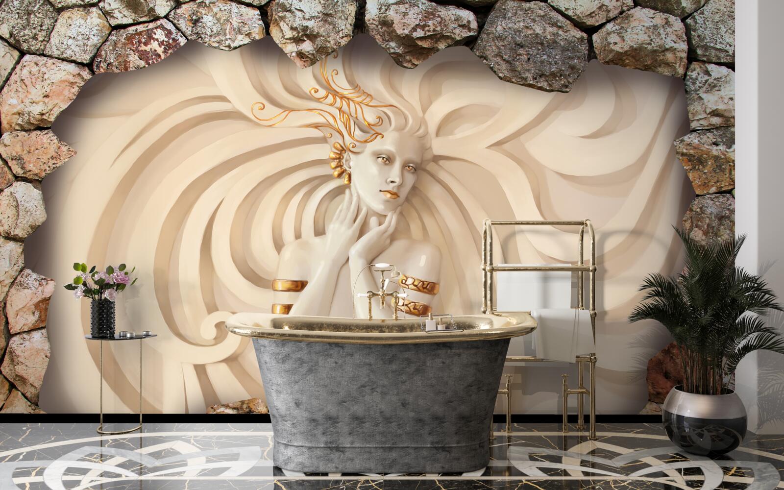 Papier peint image d'une fille aux cheveux longs et à l'or à l'intérieur d'une pierre