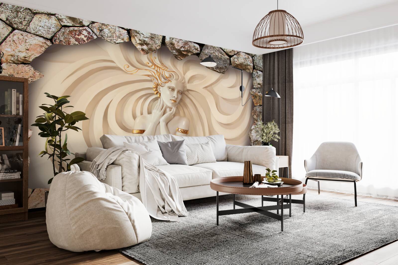 Papier peint image d'une fille aux cheveux longs et à l'or à l'intérieur d'une pierre