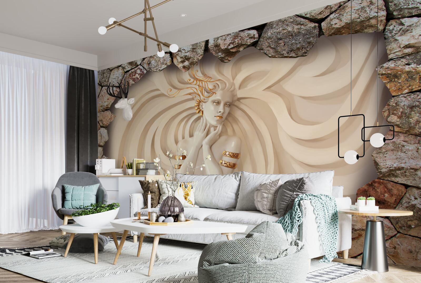 Papier peint image d'une fille aux cheveux longs et à l'or à l'intérieur d'une pierre