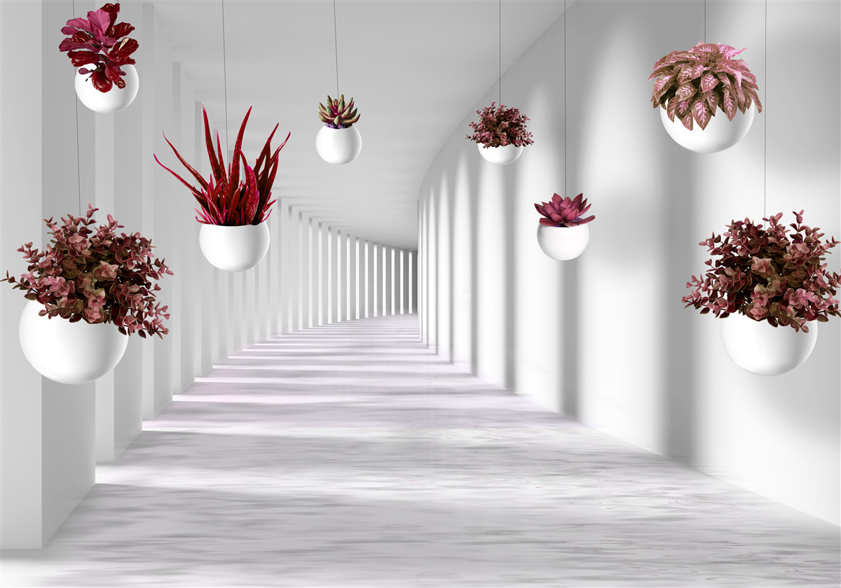 Papier peint pots de fleurs flottant dans l'air et peints en blanc