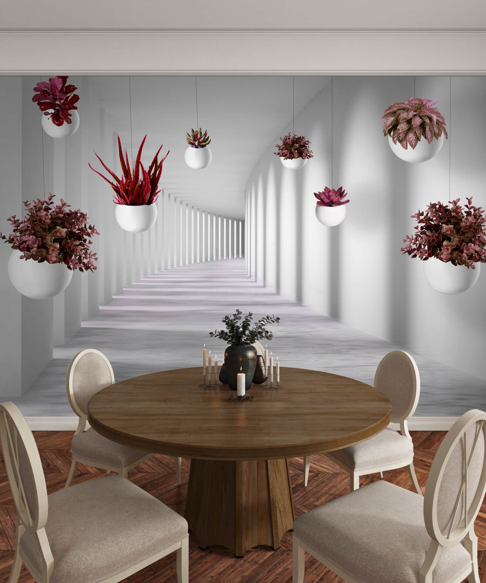 Papier peint pots de fleurs flottant dans l'air et peints en blanc