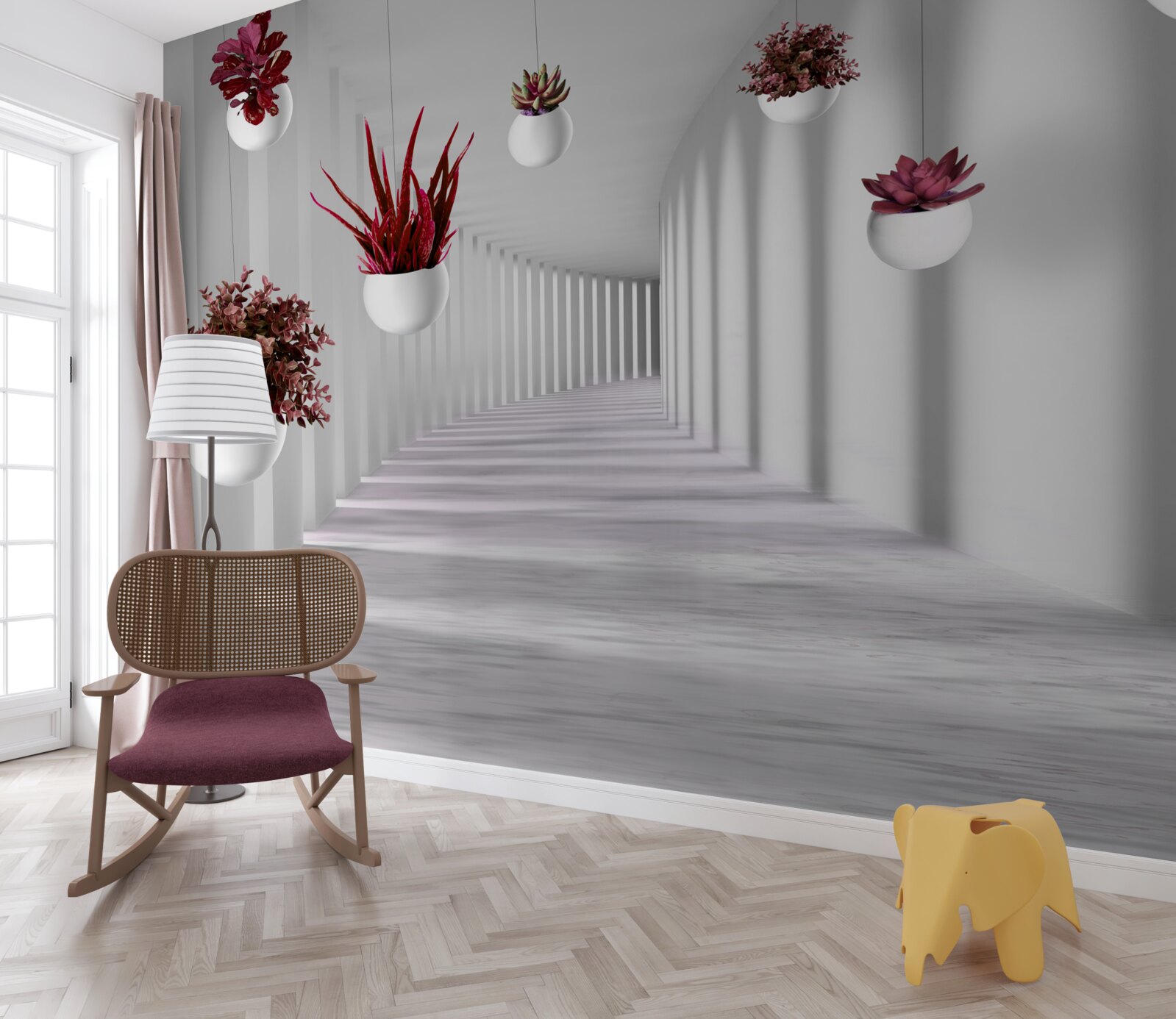 Papier peint pots de fleurs flottant dans l'air et peints en blanc