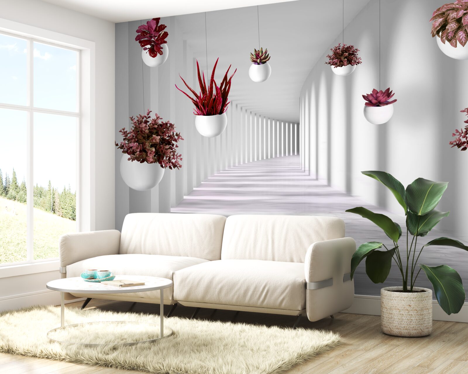 Papier peint pots de fleurs flottant dans l'air et peints en blanc