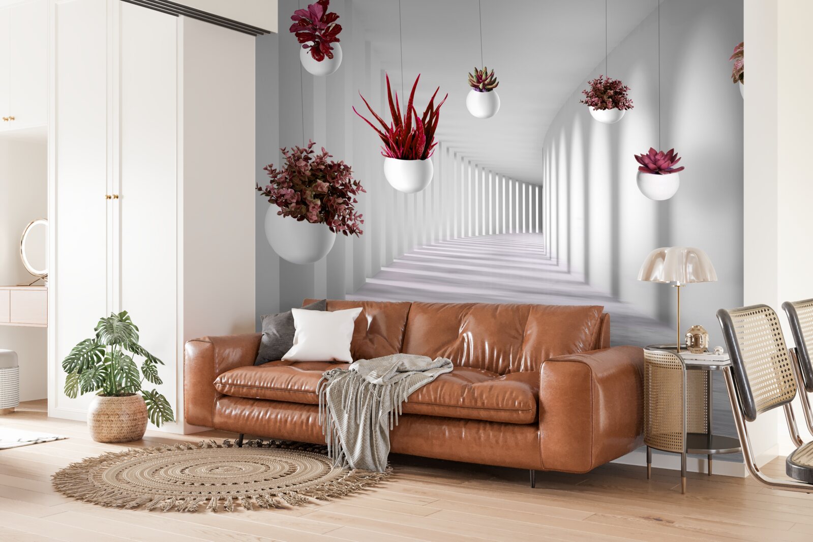 Papier peint pots de fleurs flottant dans l'air et peints en blanc