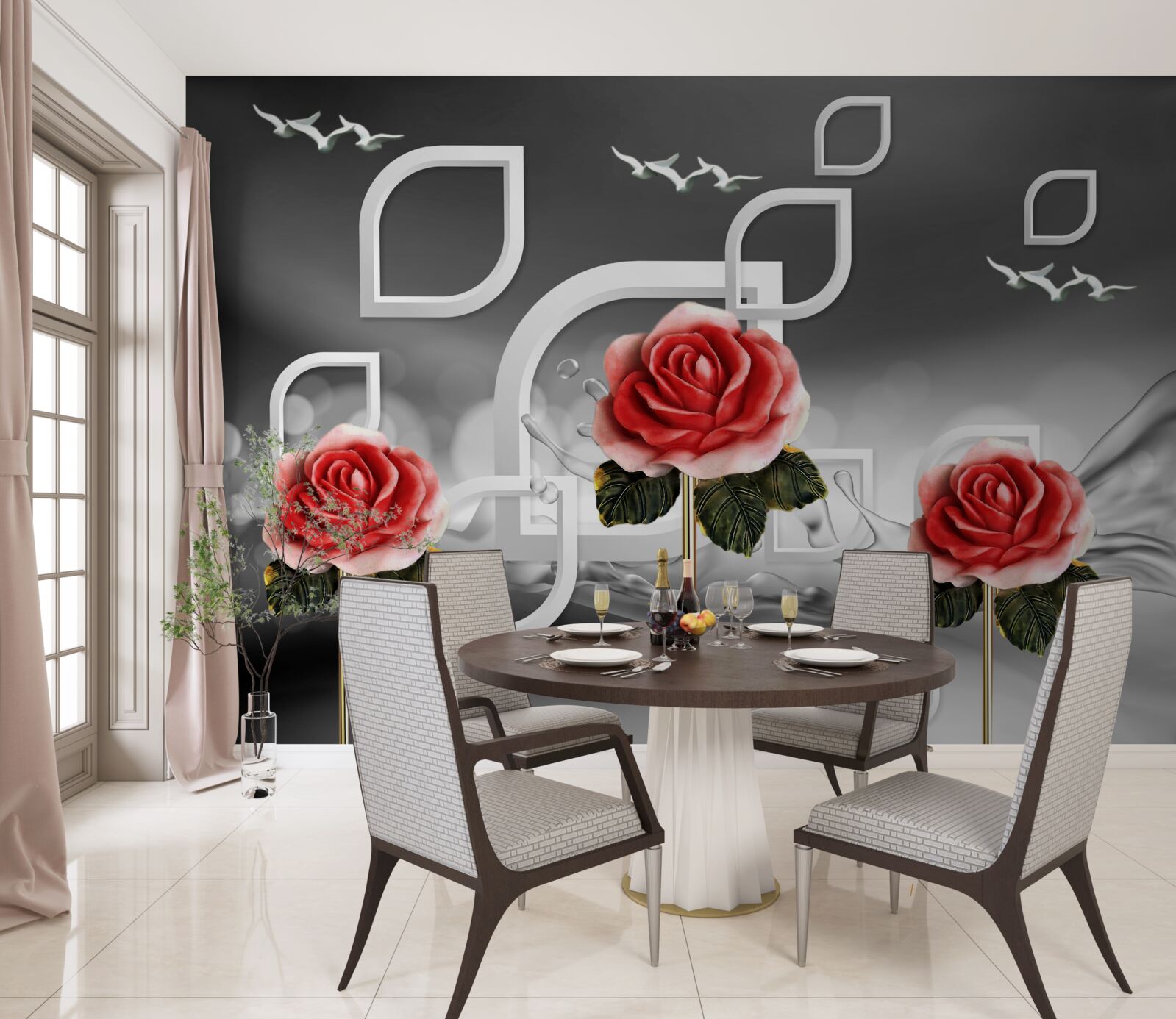 Papier peint de gracieuses roses écarlates scintillent sur un fond abstrait