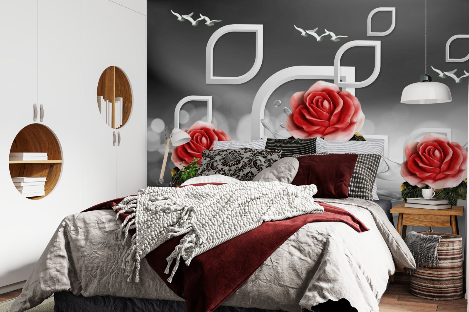 Papier peint de gracieuses roses écarlates scintillent sur un fond abstrait