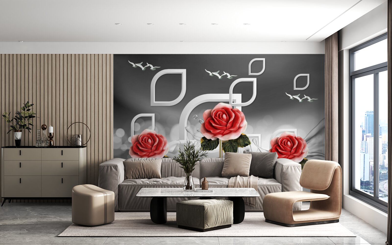 Papier peint de gracieuses roses écarlates scintillent sur un fond abstrait