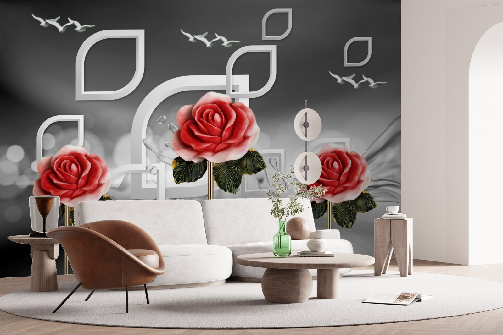 Papier peint de gracieuses roses écarlates scintillent sur un fond abstrait