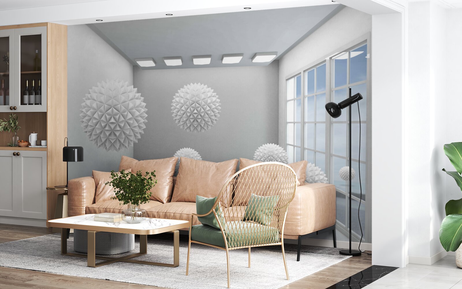 Papier peint boules blanches pointues dans une pièce lumineuse