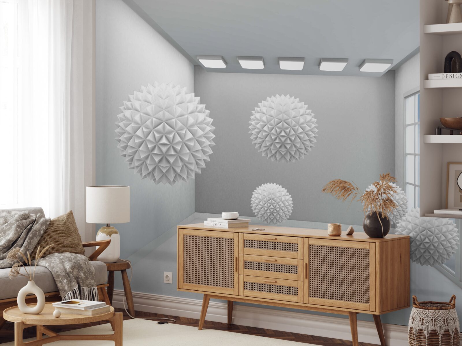 Papier peint boules blanches pointues dans une pièce lumineuse