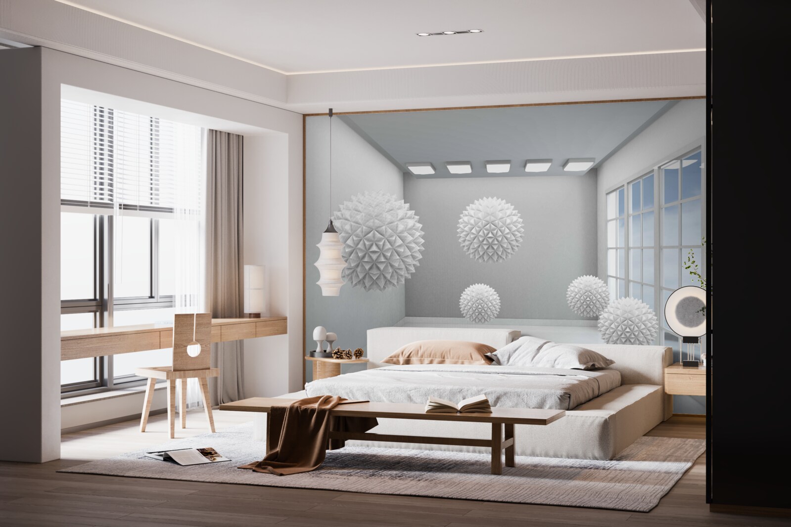 Papier peint boules blanches pointues dans une pièce lumineuse